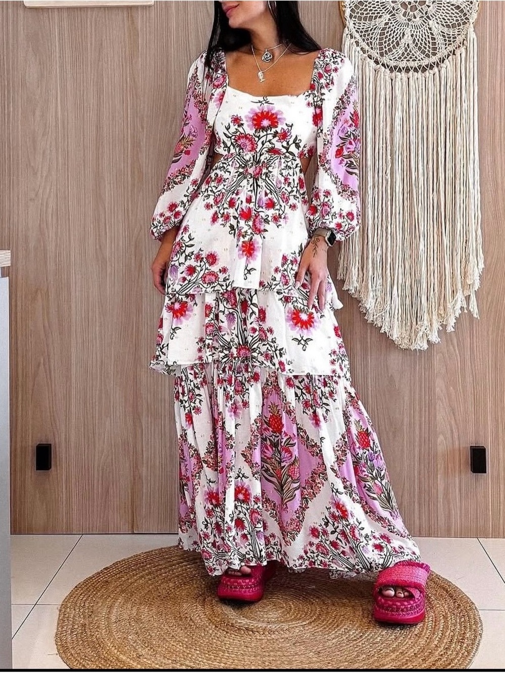 FARM Rio Pink and White Floral Tiered Maxi Dress Size S - Picture 3 of 4
